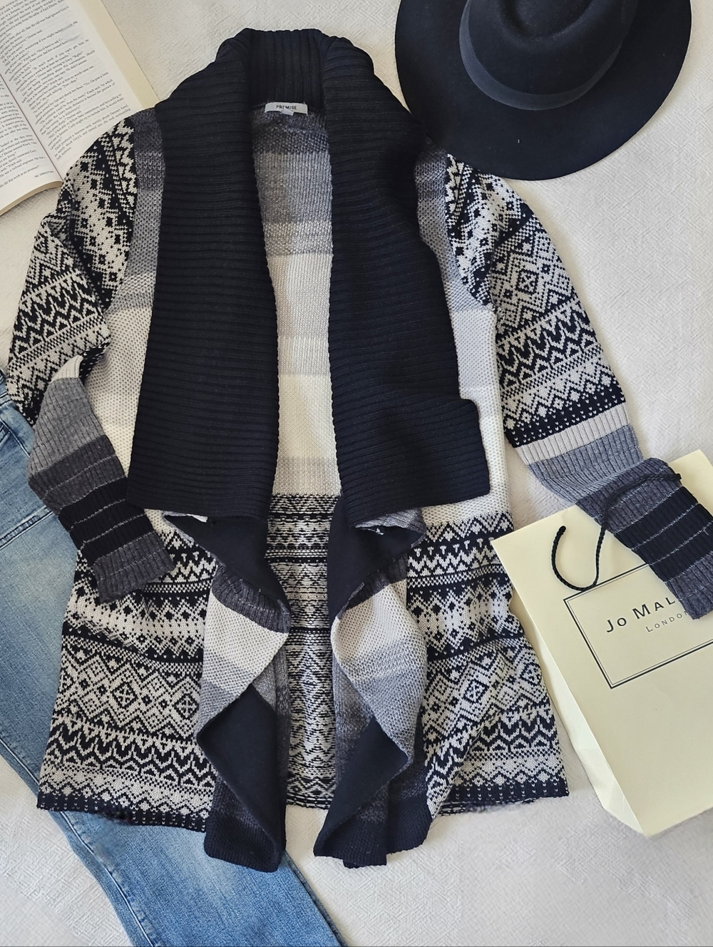 Geometric Pattern Waterfall Open Front Cardigan - Silver Metallic Detail - L